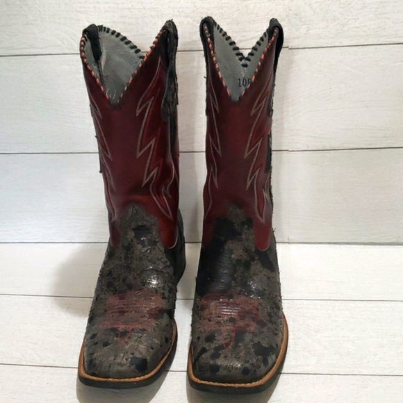 Ariat 10B burgundy and distress black leather square toe mens cowboy boo… - Picture 2 of 9